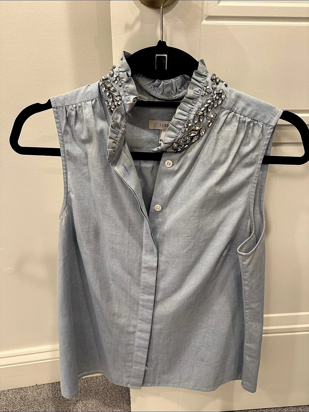 J.Crew Jewel Ruffle Collar Chambray Sleeveless Blouse Blue Size 4